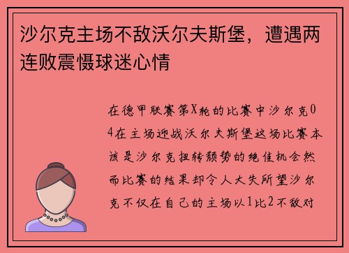 沙尔克主场不敌沃尔夫斯堡，遭遇两连败震慑球迷心情