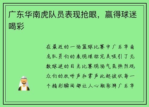 广东华南虎队员表现抢眼，赢得球迷喝彩